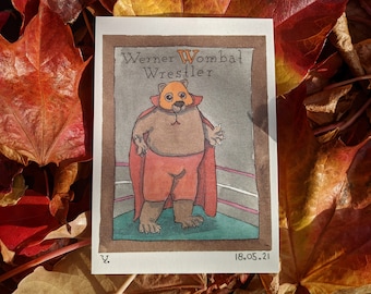 Y's Tieralphabet: Werner Wombat, Wrestler - The Postcard