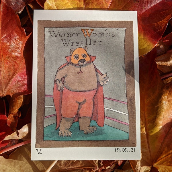 Y's Tieralphabet: Werner Wombat, Wrestler - Die Postkarte