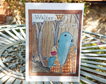 May include: A watercolor illustration of a blue anthropomorphic creature with a long nose, wearing a plaid shirt and holding a glass of red wine. The creature is standing in front of a wooden barrel. The text "Walter Wal Winzer" is written above the creature. The date "12.05.21" is written in the bottom right corner.