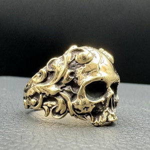 Brass Ring Skull Scroll Ring, gothic vintage oxidation style, high quality polished.