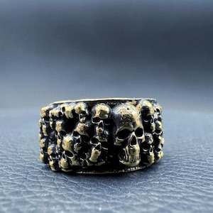 Brass Ring, The Gathering Skulls Ring, gothic vintage oxidation style, high quality polished.