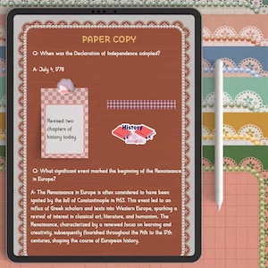 May include: A digital tablet displays a history study guide with the title "PAPER COPY." The guide includes questions and answers about historical events, along with decorative elements like stickers and washi tape. A stylus rests on the side.