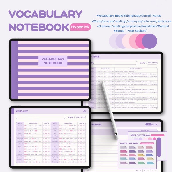 Taal leren digitale planner in paars | Bonus Gratis Stickers | Woordenschat & Grammatica PDF Notebook | Hyperlinked Language Study Notebook