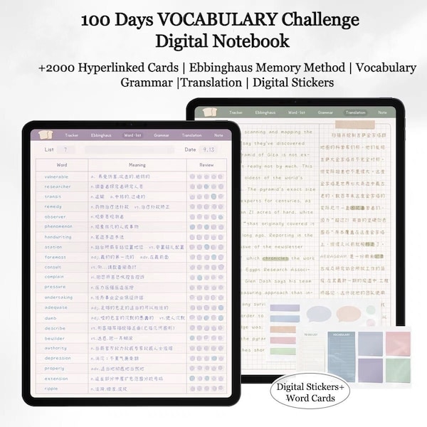 Cahier numérique de vocabulaire et de grammaire avec autocollants numériques et cartes de mots | Carnet hyperlien d'apprentissage des langues | Langue Journal PDF