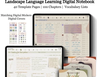 Puede incluir: Cuaderno digital para el aprendizaje de idiomas con 40 páginas de plantillas, 100 capítulos y listas de vocabulario. Incluye pegatinas digitales y cubiertas a juego. Se muestra en dos tabletas.