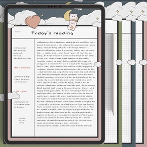 Op de afbeelding: Digitale tablet met een witte stylus, met een decoratief ontwerp met wolken, sterren en een hart. Het scherm toont de tekst "Today's reading" en een blok tekst.