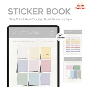 May include: Digital sticker book with the text "STICKER BOOK". The book includes sticky notes, washi tape, and 447 digital stickers across 20 pages. The image shows examples of the stickers in various colors and designs.