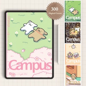 May include: A digital tablet showing 300 digital covers. The main cover displays two cartoon bears on a green backdrop with the word "Campus" in pink. Other covers feature similar illustrations and the word "Campus".
