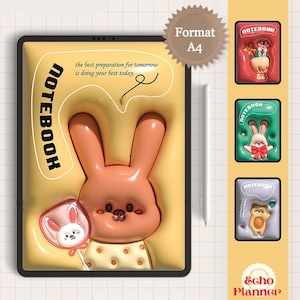 May include: A yellow and orange notebook cover with a 3D bunny design. The cover has the text "NOTEBOOK" written vertically on the left side. The text "the best preparation for tomorrow is doing your best today." is written in a speech bubble above the bunny. The cover is displayed on a tablet screen.