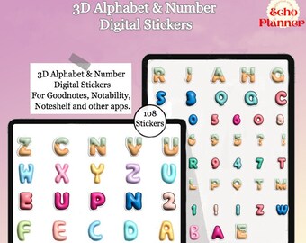 Alphabet & Number 3D Digital Stickers | Calendar Numbers Goodnotes Stickers | Letter Number Pre-cropped Stickers | Everyday Digital Stickers