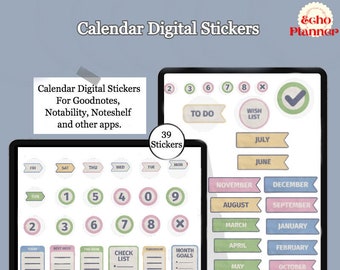 Calendar Digital Stickers for Digital Journals | Months Weekdays Digital Stickers| Checklist & Wishlist PNG Sticker |Number Digital Planning