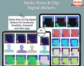 Notas adesivas digitais e adesivos de clipe: Kit de planejamento Goodnotes (64 adesivos)