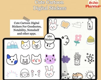 Cute Cartoon Digital Stickers | Kitty cat stickers | Pastry Goodnotes Stickers | Plants Stickers for Digital Planner|Kawaii Planner Stickers