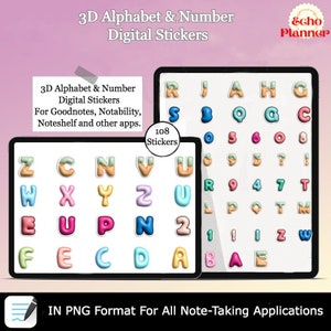 Alphabet & Number 3D Digital Stickers | Calendar Numbers Goodnotes Stickers | Letter Number Pre-cropped Stickers | Everyday Digital Stickers