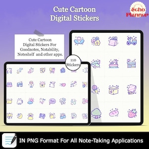 Puede incluir: Un paquete de pegatinas digitales con 110 pegatinas de dibujos animados lindas en una variedad de colores. Las pegatinas están diseñadas para usar en aplicaciones de toma de notas como Goodnotes, Notability y Noteshelf. El texto "110 Stickers" es visible en la imagen.
