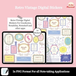 May include: A digital sticker pack with 70 stickers in a pastel color scheme. The stickers feature a variety of designs, including frames, flowers, teacups, and unicorns. The text "Sample Text" appears on several of the stickers. The stickers are in PNG format and can be used in note-taking apps like Goodnotes, Notability, and Noteshelf.