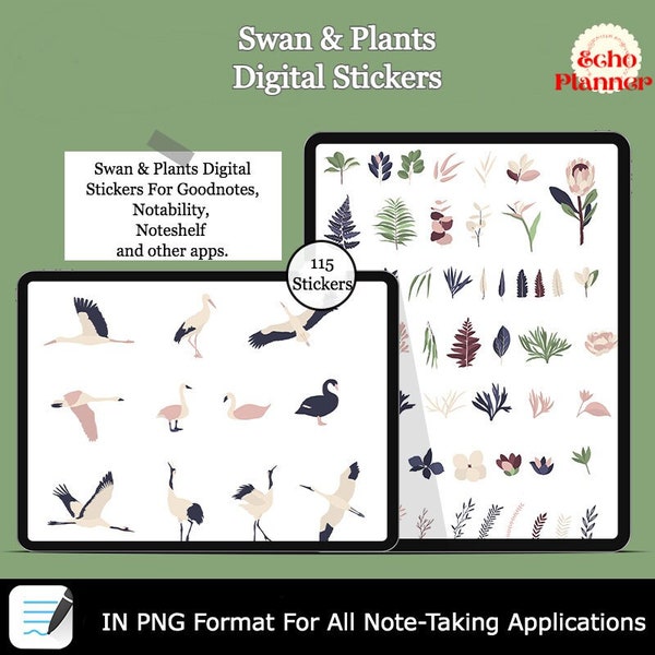 Digital Stickers for Planner | Swan Lake Sticker | Plants Sticker | Pre-crop Stickers Set |GoodNotes, Notability iPad &Android Stickers Pack