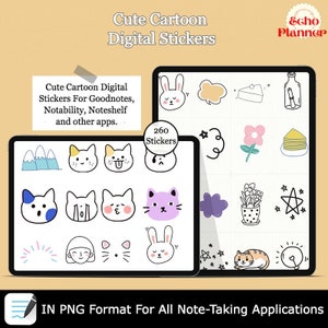 Leuke cartoon digitale stickers | Kitty cat-stickers | Gebak Goodnotes-stickers | Plantenstickers voor digitale planner|Kawaii plannerstickers