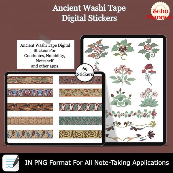 Ancient Washi Tape Digital Stickers | Antique Decorative Goodnotes Stickers | Egyptian Sticker Set | Retro Vintage Washi Tape PNG Elements