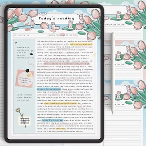 May include: A digital tablet displaying a planner page with the title "Today's reading." The page features text, highlighted sections, and decorative elements like pink tulips and bunny illustrations. A stylus rests on the side.