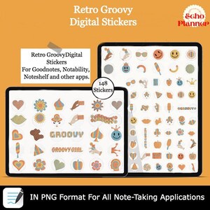 Retro Groovy Digital Stickers | Boho Digital Clipart | Hippie Planner Sticker | Smiley Face Sticker | Vintage Flower Goodnotes Stickers Book