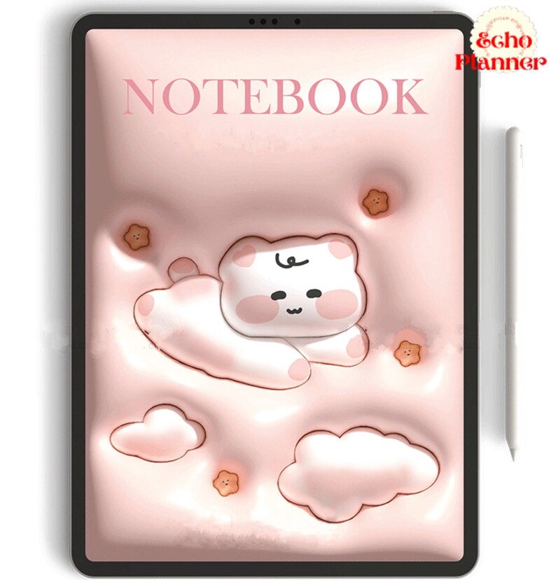 May include: A pink digital planner cover with the word "NOTEBOOK" at the top. The cover features a white cartoon bear with pink cheeks and a cloud design.