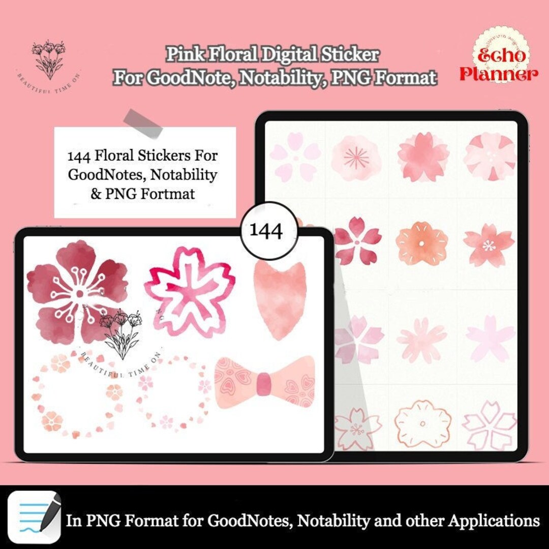 Pink Floral Digital Sticker Book for Goodnotes,png Files of Digital ...