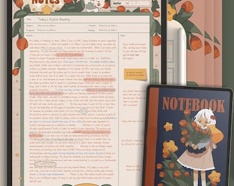 Cute Cartoon PDF Notebook | Flower Digital Notebook | Hyperlinked Goodnotes Notability Notebook With Tabs | Portrait iPad Android Notebook