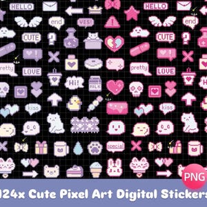 May include: A collection of 124 cute pixel art digital stickers in pink, purple, and white on a black grid background. The stickers include hearts, cats, clouds, and text bubbles with words like "Hello," "Cute," and "Love."