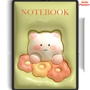 May include: A digital tablet with a light green background and the word "NOTEBOOK" in orange text. A white cartoon cat with pink cheeks sits on three orange, yellow, and pink flowers.