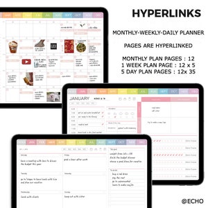 May include: A digital planner with a pink and white color scheme. The planner has a monthly, weekly, and daily view. The planner is designed to be used with a tablet or laptop. The planner includes a section for tracking goals, to-do lists, and meal plans. The planner also includes a section for tracking habits and progress. The planner is designed to help users stay organized and on track with their goals.