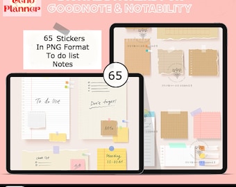 Könnte beinhalten: Ein digitales Sticker-Paket für die Apps GoodNotes und Notability. Das Paket enthält 65 Sticker im PNG-Format, mit einer Vielzahl von To-Do-Listen-Notizen, Checklisten und Meeting-Erinnerungen. Die Sticker sind in einem minimalistischen Stil mit einem braunen und beigefarbenen Farbschema gestaltet.