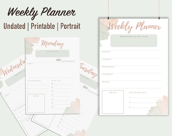 Planificador semanal sin fecha A4 / Lista de tareas diarias imprimible (PDF)