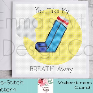 Valentijnsdagkaart, kruissteekpatroon, digitale pdf, getelde kruissteekkaart, download, je bent adembenemend, grappige kaart, astma