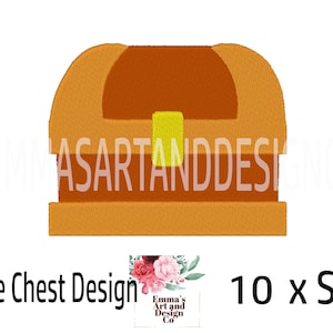 Può includere: Un design digitale di un forziere nei toni del marrone e dell'oro, con una chiusura gialla. Il design è etichettato "Treasure Chest Design" e include il testo "10 x Sizes".