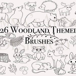 26 Woodland Animal Procreate Stamp Bundle, Procreate Woodland Brush Set, Brosses de procréation d’automne pour IPad, Timbre numérique, Animal ClipartArt