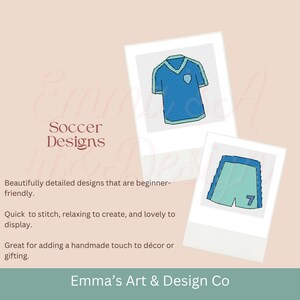 May include: Two cross-stitch designs of soccer apparel. One design is a blue soccer jersey with a green trim and a small shield. The other design is blue shorts with a green trim and the number 7. The text "Soccer Designs" is above the designs.