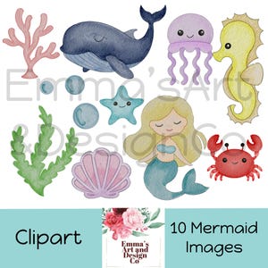 Mermaid Watercolor Clipart Bundle - 10 Mermaid Images, cute Mermaid Graphics, Digital Download, sublimation Watercolour Mermaid Illustration