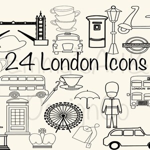 Puede incluir: Un conjunto de 24 iconos en blanco y negro con temática londinense. Los iconos incluyen un autobús de dos pisos, una cabina telefónica roja, una corona, una taza de té, una tetera, la torre del reloj Big Ben, la noria London Eye, un taxi, un scooter, un bombín, una bandera Union Jack, un paraguas rojo, un guardia con uniforme rojo, una farola, un buzón, un cartel de metro y el Tower Bridge.
