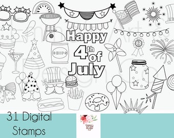 4th July Digital Stamp, Independence Day Stamp, Patriotic Images Bundle, 4th July Clouring Pages, PNGs Clip Art, Independence Day Digital