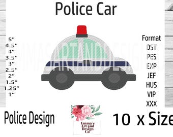 May include: A white police car with a blue stripe and a red light on top. The car is 5 inches tall and comes in 10 sizes. The image also includes the text "Police Car", "Police Design", and "10 x Sizes".