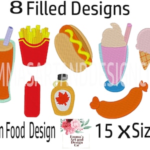 Food Machine Embroidery Design, Fast Food Embroidery Design, Food Design, Carnival Food, Food Pattern, Fast Food Design, 15 x Sizes, Bundle