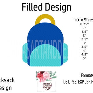 May include: A blue and turquoise rucksack design with a gold handle, labeled "Filled Design." The image includes size options from 0.75" to 5" and the text "Rucksack Design." The design is from Emma's Art and Design Co.