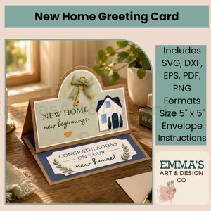 May include: A folded greeting card with a kraft paper base, featuring a sage green panel with a gold key, a green ribbon bow, and a house illustration. The text reads New Home new beginnings and Congratulations on your new home. It measures 5 inches by 5 inches.