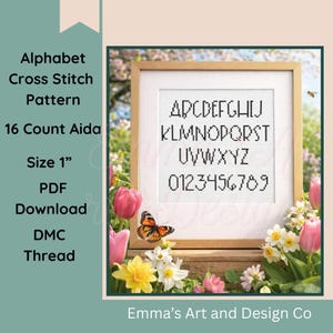 Könnte beinhalten: Ein gerahmtes Kreuzstichmuster mit Alphabet und Zahlen in schwarzem Faden. Der Text lautet "Alphabet Cross Stitch Pattern, 16 Count Aida, Größe 2.54 cm", PDF Download, DMC Thread." Der Rahmen ist mit Blumen und einem Schmetterling verziert.