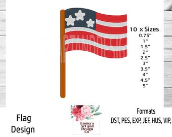 May include: An embroidered design of the American flag, with red and white stripes, a blue canton with three white stars, and a brown pole. The design is available in 10 sizes, from 1.9 cm to 12.7 cm.