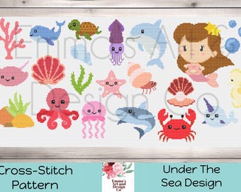 Mermaid Cross Stitch Pattern, Sea Cross-Stitch Pattern, Sea Animals Cross-Stitch Pattern, Ocean Cross Stitch, Under The Sea Cross Stitch