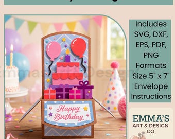 May include: A 5 inch by 7 inch pop-up birthday greeting card featuring a layered paper cake, gift boxes, and balloons. The card displays the text Happy Birthday and includes SVG, DXF, EPS, PDF, and PNG file formats with envelope instructions.
