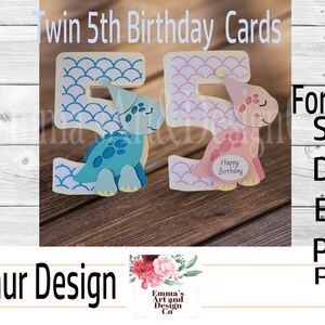 Carte d'anniversaire SVG, svg joyeux 5e anniversaire, carte d'anniversaire de jumeaux, svg 5e anniversaire, cinquième anniversaire coupe fichier, papier gratuit, dinosaure SVG, jumeaux