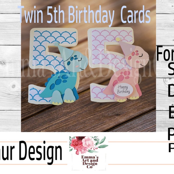 Birthday Card SVG, Happy 5th Birthday svg, Twin Birthday svg Card, svg 5th Birthday, Fifth Birthday Cut File, Free Paper, Dinosaur SVG, Twin